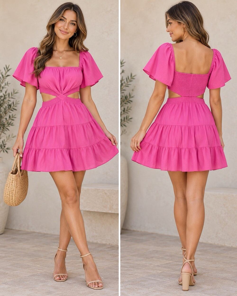 LEANI Pink Cutout Tiered Mini Dress Size L NWT
